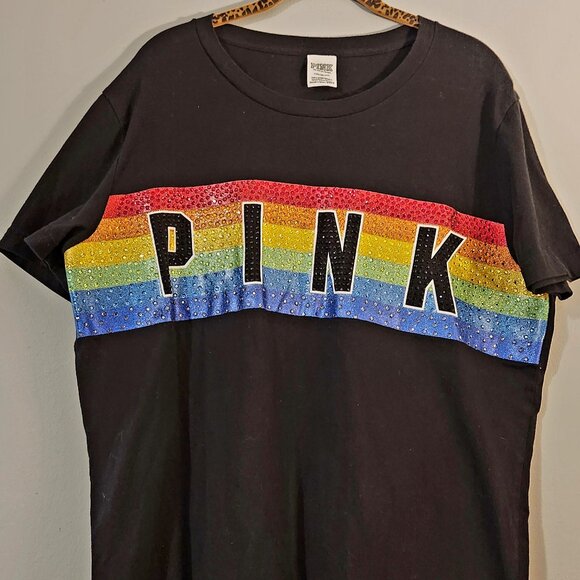 Victoria's Secret PINK T-Shirt Black Rainbow Glitter Rhinestone - Picture 1 of 4